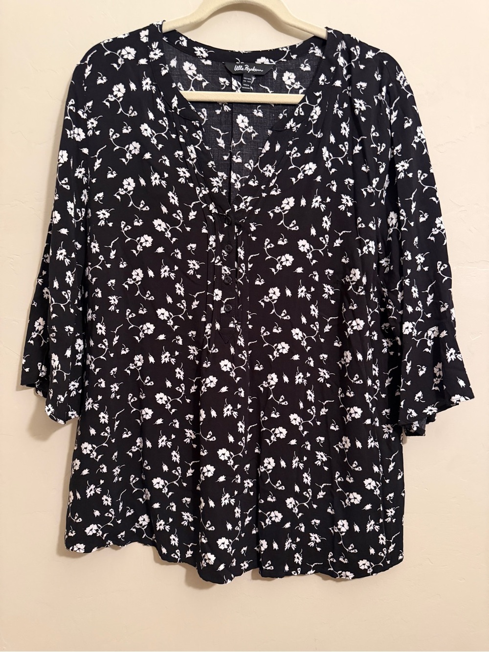 Ulla Popken Black White Floral Print Blouse 3/4 Sleeve Tunic Top Plus Size 16/18